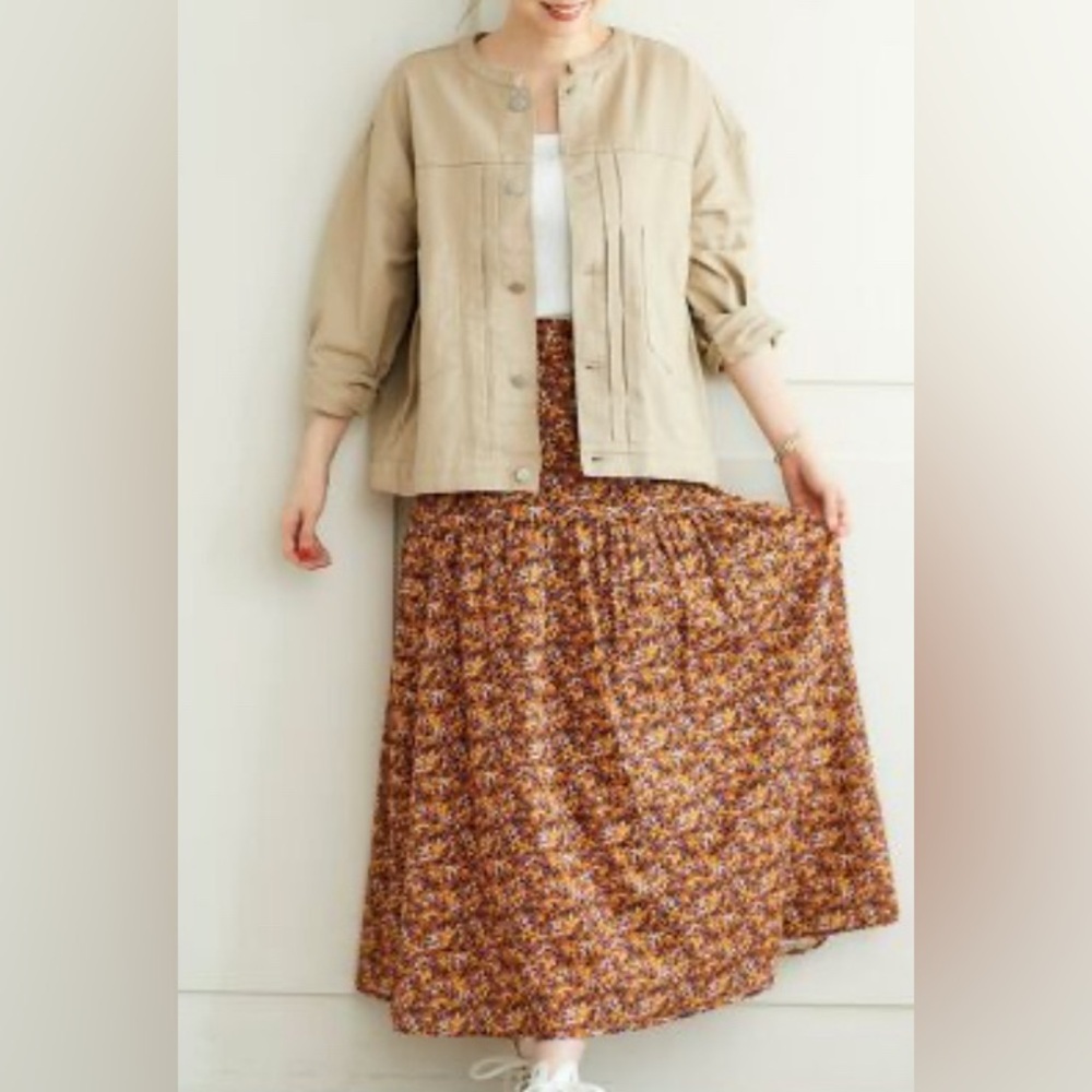 Micro Floral Lined Midi Skirt Tiered Full Stretch Waist Boho Brown Flowers